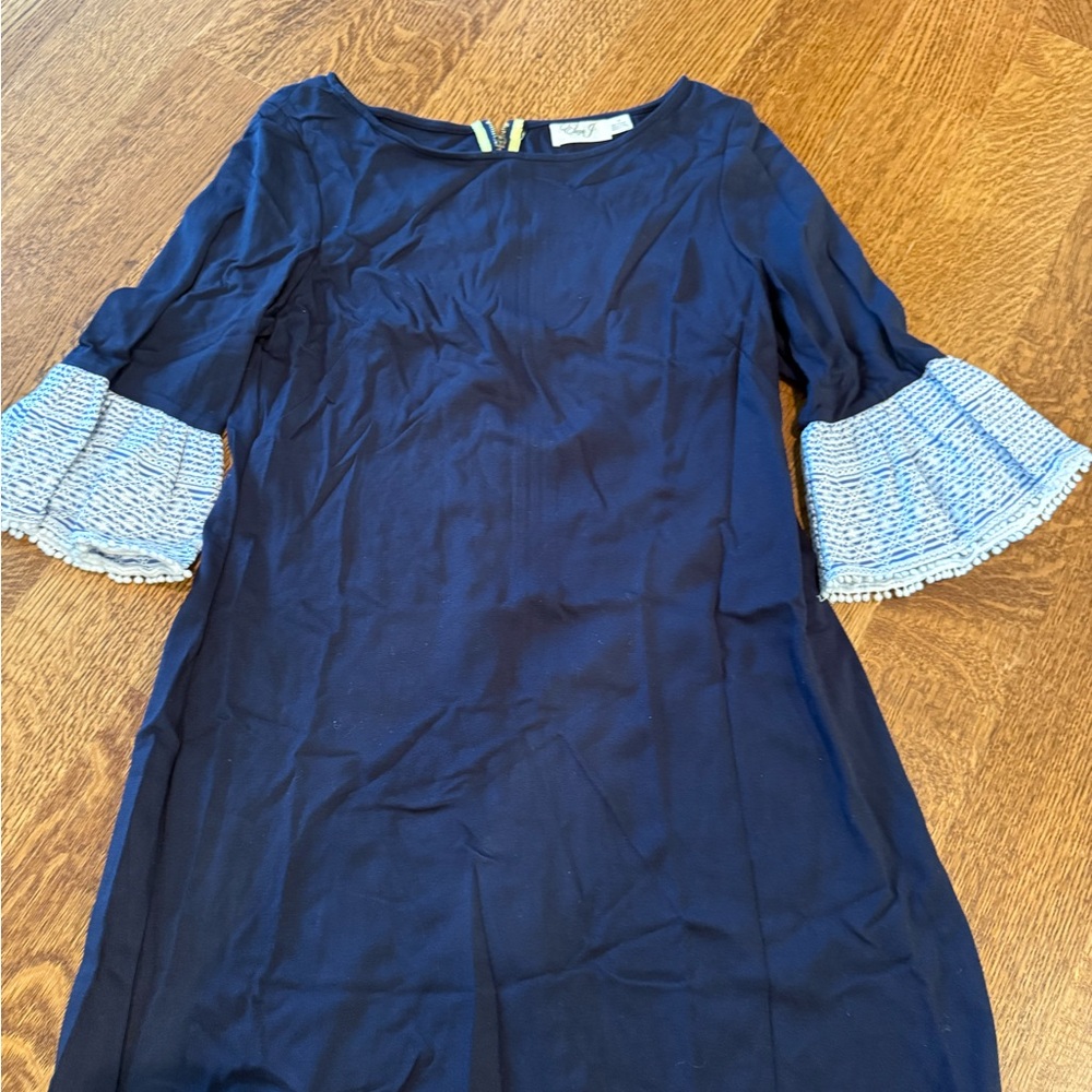 Eliza J Navy Dress with Blue Ruffled Sleeves